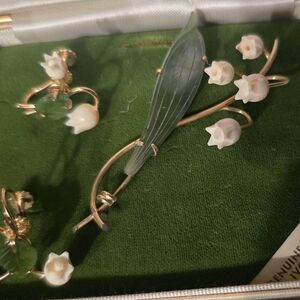 Vintage Hand Carved Ivory And Jade Floral Brooch and Earring Set